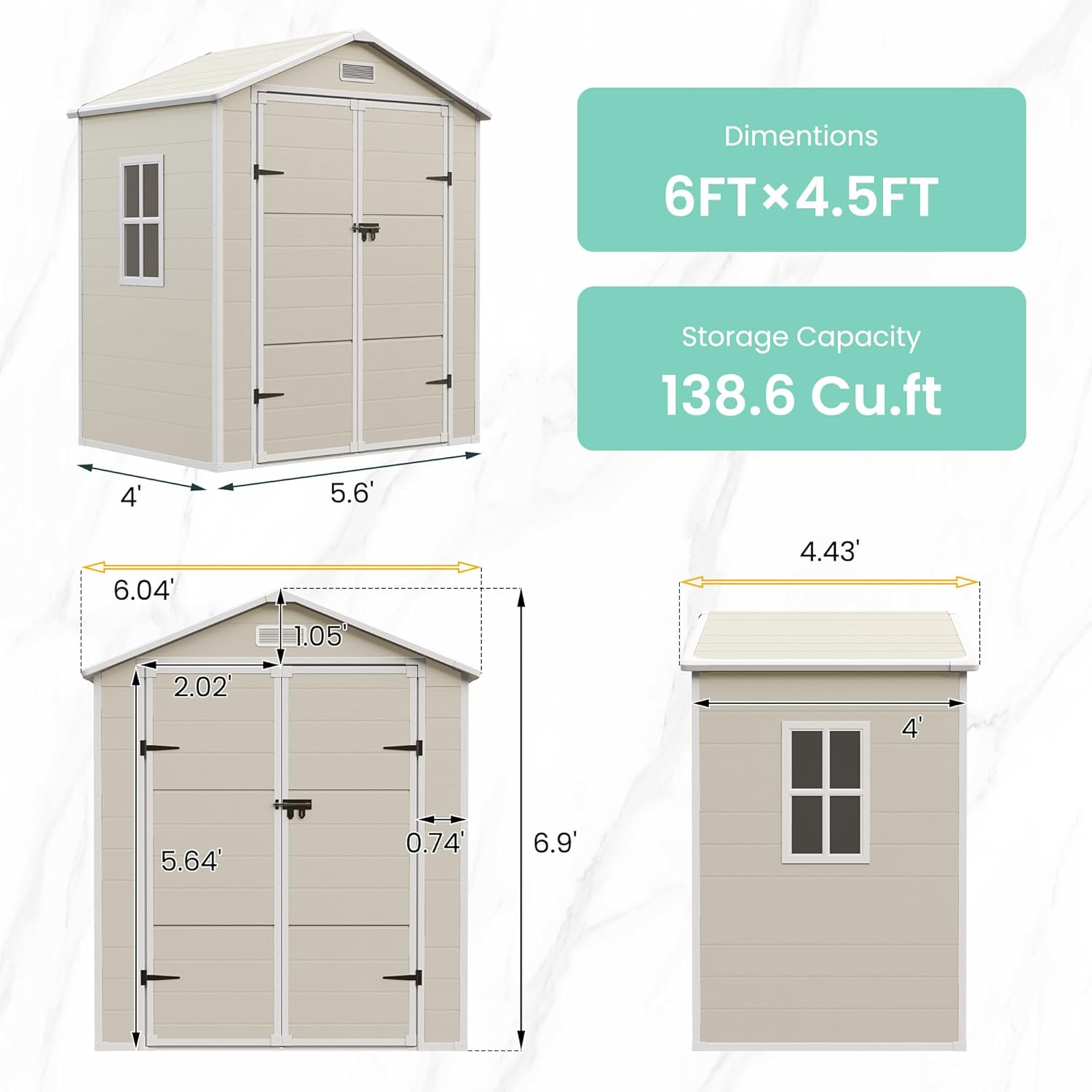 UDPATIO Outdoor Storage Shed 6x4.5 FT, Plastic Resin Outside Sheds & Outdoor Storage for Trash Can, Bike, Lawnmower, Generator, Tool Shed with Lockable Door for Backyard, Lawn, Patio, Sandstone