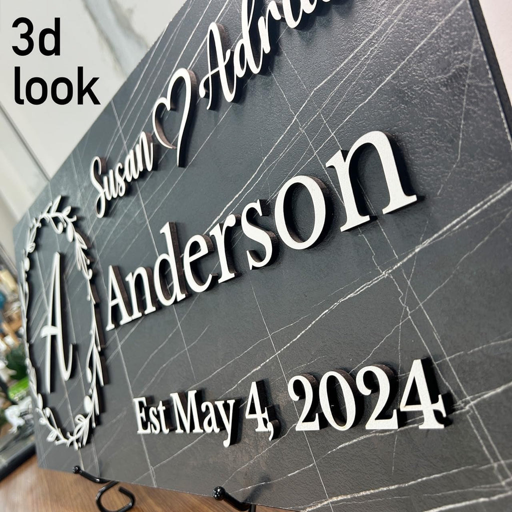 Personalized Black Marble Family Name Sign – Custom Couple Names with Monogram & Established Date – Stylish Wedding, Anniversary, or Housewarming Gift – Dark Wood Wall Decor