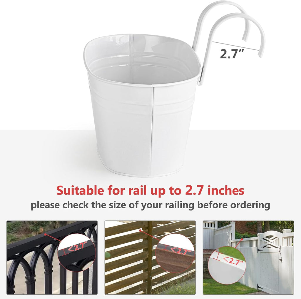 Dahey 3 Pcs Metal Iron Hanging Flower Pots for Railing Fence Hanging Bucket Pots Countryside Style Window Flower Plant Holder with Detachable Hooks Home Decor,White
