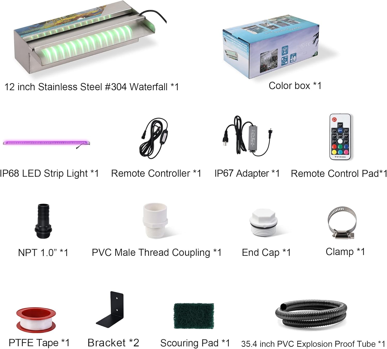 PONDO Pool Fountain, Stainless Steel Waterfall Spillway with Wider Water Flow Platform, Multi-Color LED Light & Spillway Cleaning Kit for Garden Outdoor Decoration (12 inch)