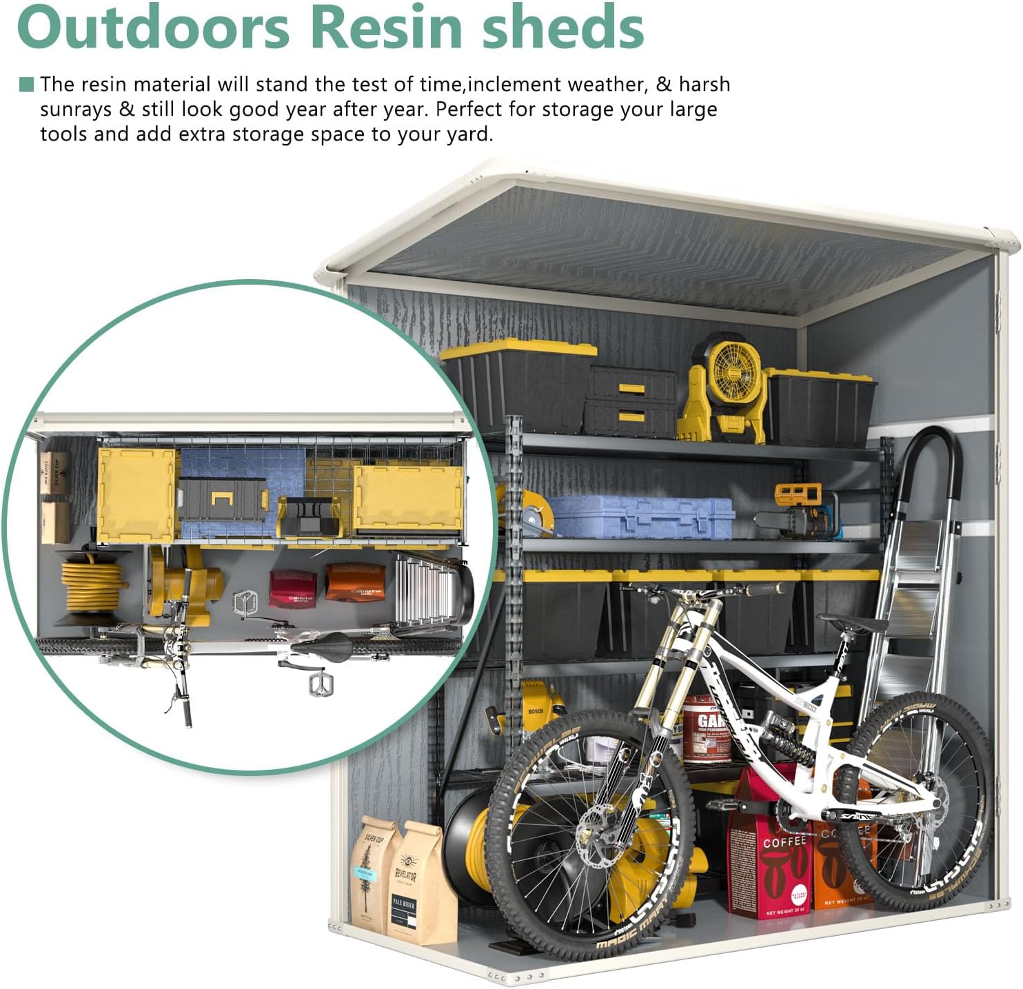 Aoxun Outdoor Storage Shed 5 x 3FT, Resin Shed with Floor and Lockable Door, Plastic Sheds for Garbage Can, Tool, Accessories, Lawn, Garden - Grey