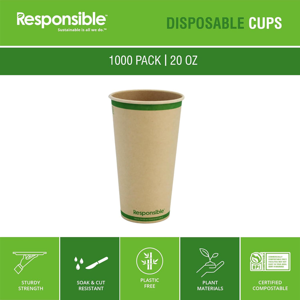 20 oz Paper Hot Cups, Tree-Less™ Compostable Paper Coffee Cups, Extra Strength, Tree-Free and Made Without PFAS, Natural Brown (1000 Count)