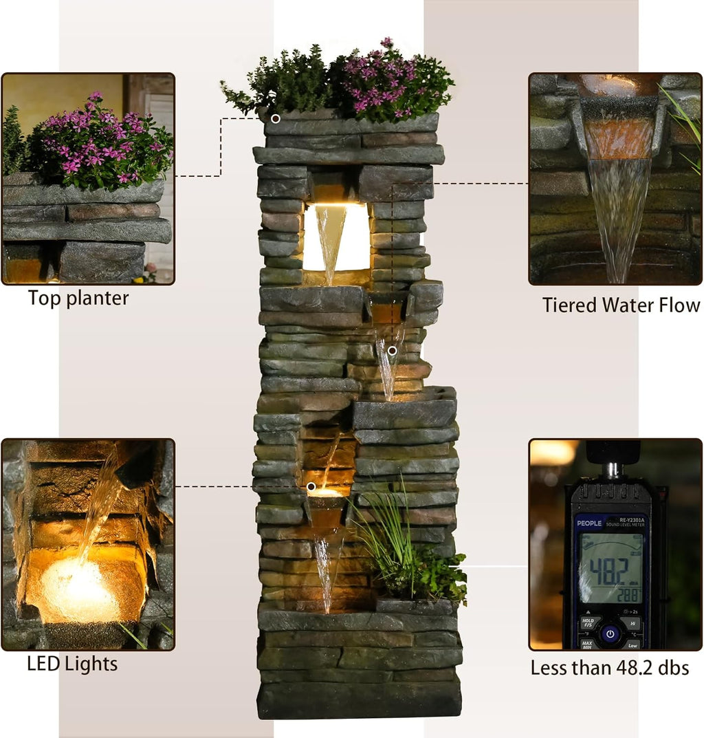 59 inches Outdoor Water Fountain Waterfall — Large Garden Rock Fountains 4-Tiered Waterfall Outdoor with Lights, Natural Stone Look Hollow Fountain for Patio Pool Porch Backyard, Stone Gray