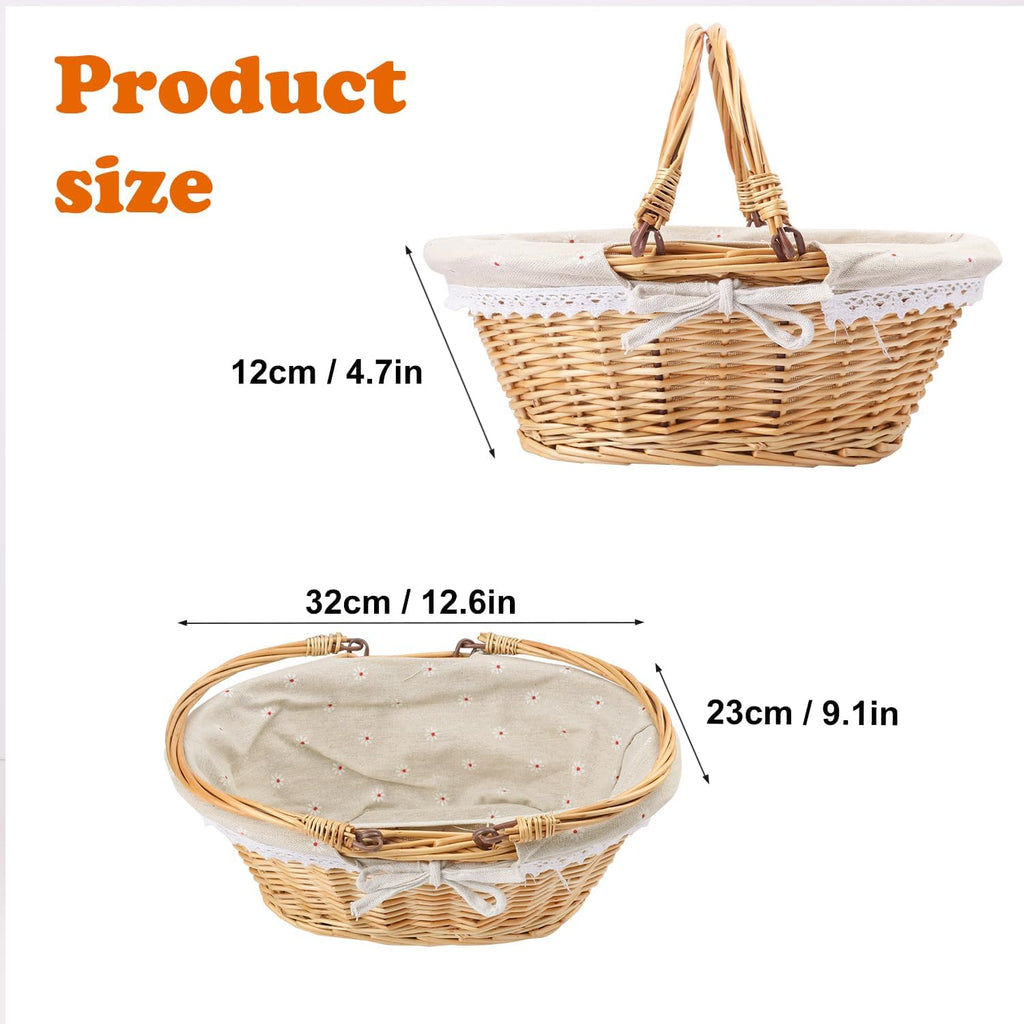2 Pack 12.6 Inch Natural Wicker Basket with Linen Cotton Cloth Lining, Oval Wicker Woven Basket with Handle, Willow Woven Picnic Baskets for Picnic, Camping, Party(Small)