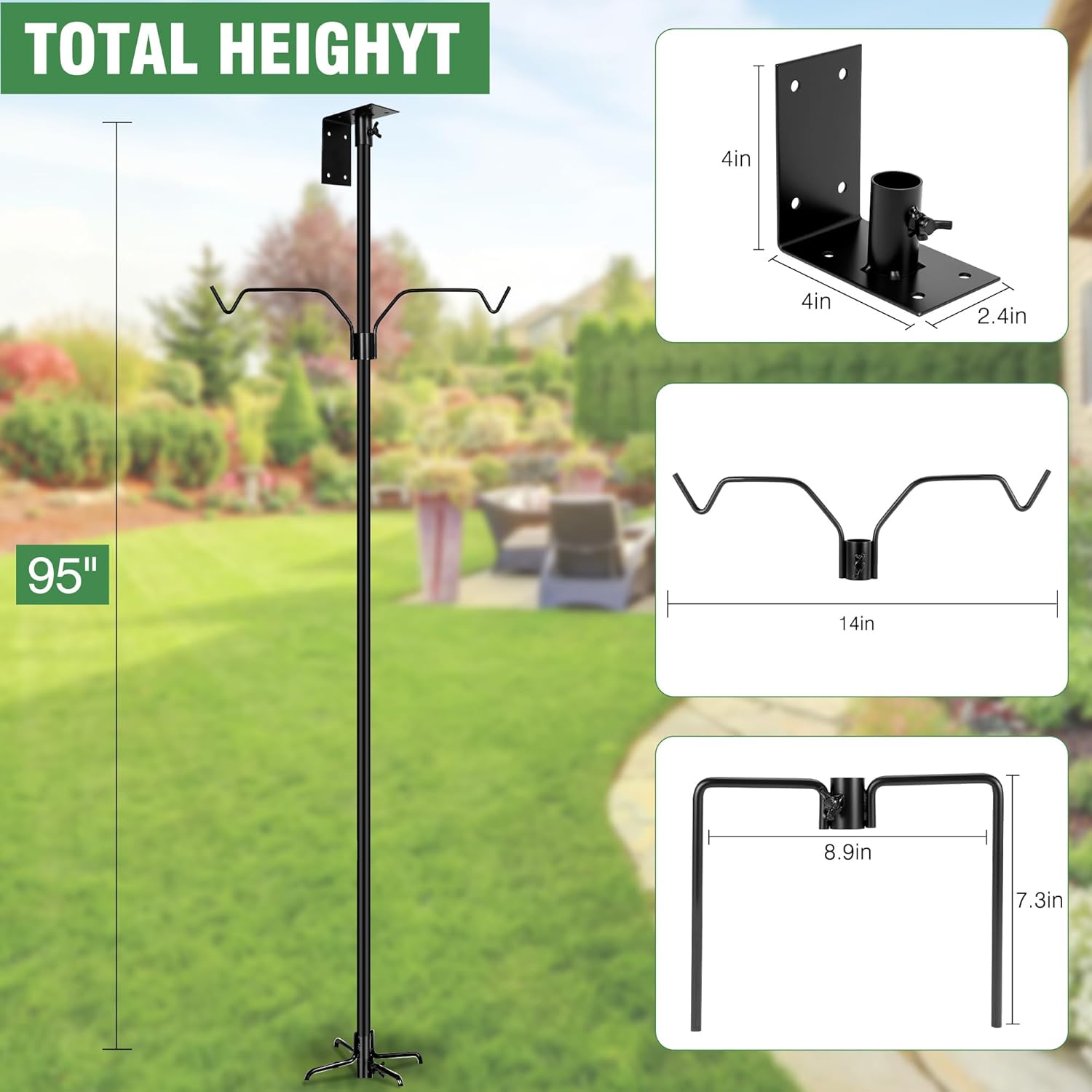 Bird House Pole, 95 Inch Heavy Duty Bird Feeder Pole Mount Kit for Outdoors, Adjustable Bird Feeding Stand, with 2-Hooks, 5-Prong Base for Birds Watching