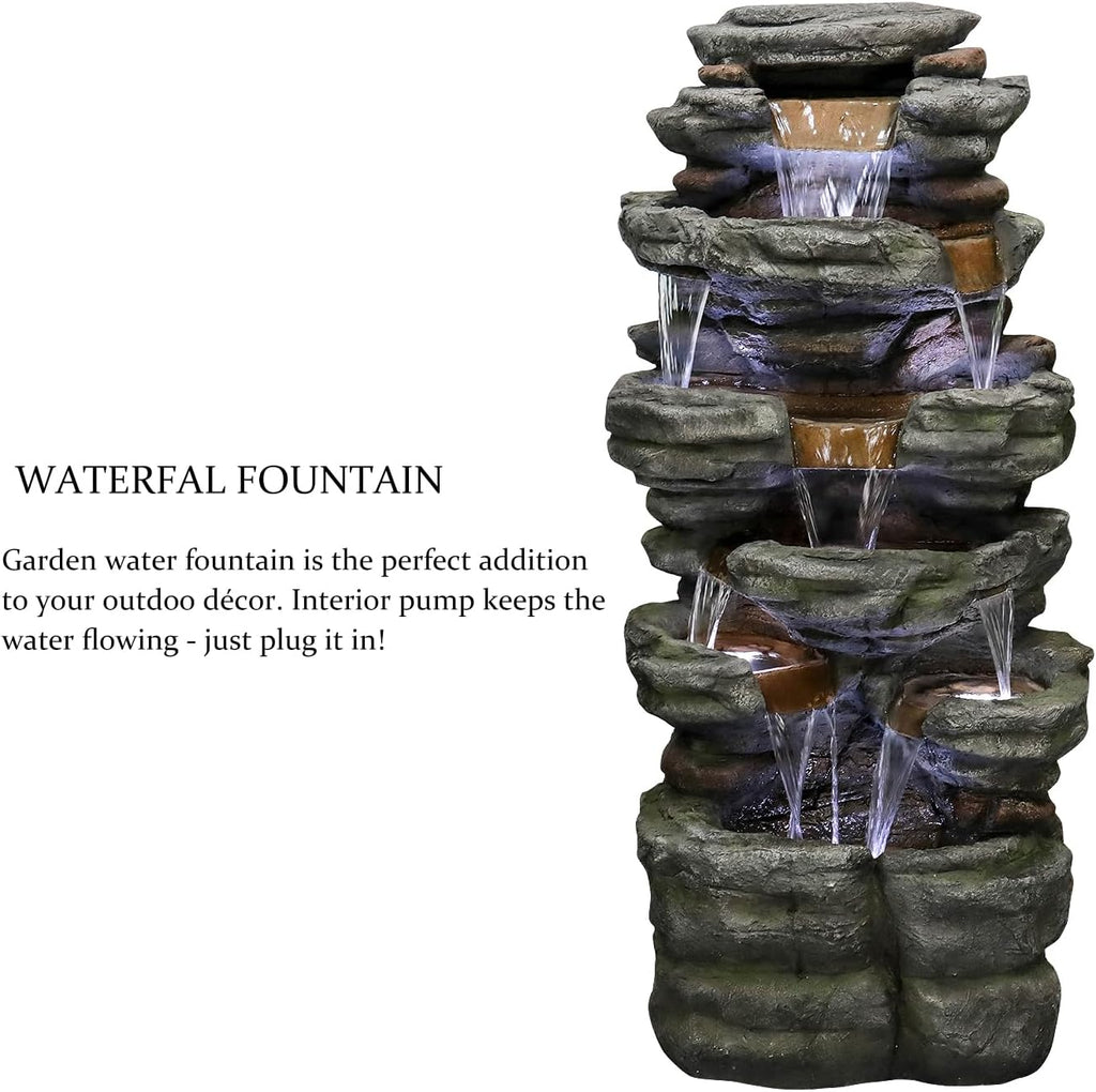 SunJet 47.2" High 6-Tiers Cascading Rock Outdoor Water Fountain with LED Lights - Large Outdoor Fountains and Waterfalls for Garden or Patio, Yard, and Deck Decor, Featuring Natural Stone Look