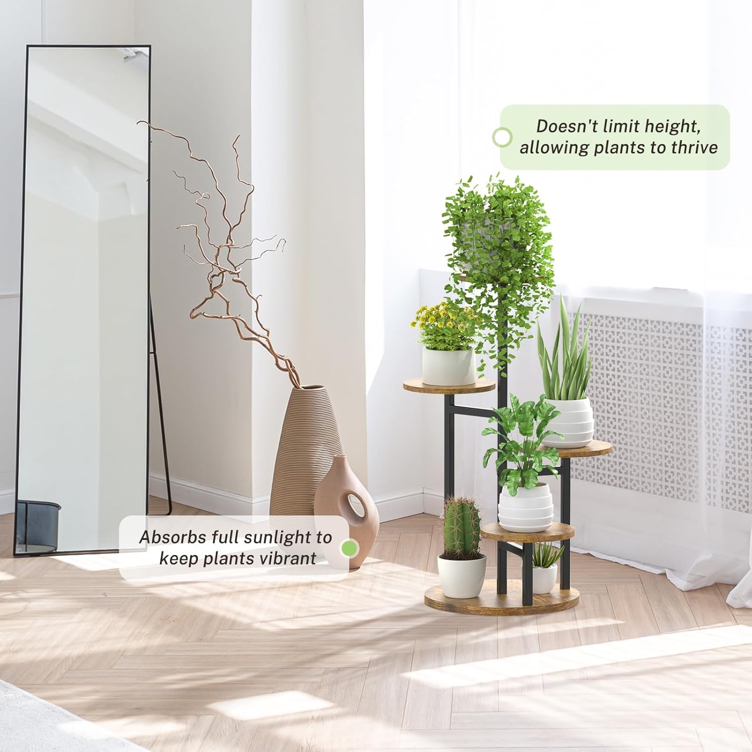 5 Tier Plant Stand Indoor, Metal Wood Flower Holder, Heavy Duty Tall Round Multiple Shelf, Sturdy Spiral Planter Orchid Display Rack for House Living Room Patio Corner Bathroom, Modern Black