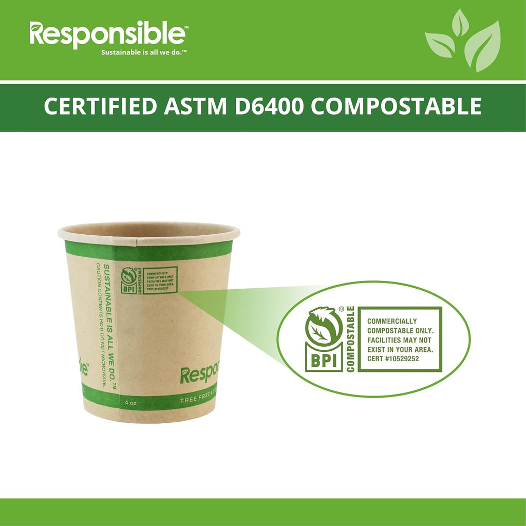 Certified Compostable 4 oz Paper Cups, Cold ＆ Hot Coffee Cups, Disposable Paper Cups, Extra Strength Disposable Cups, Made without PFAS (50 count)