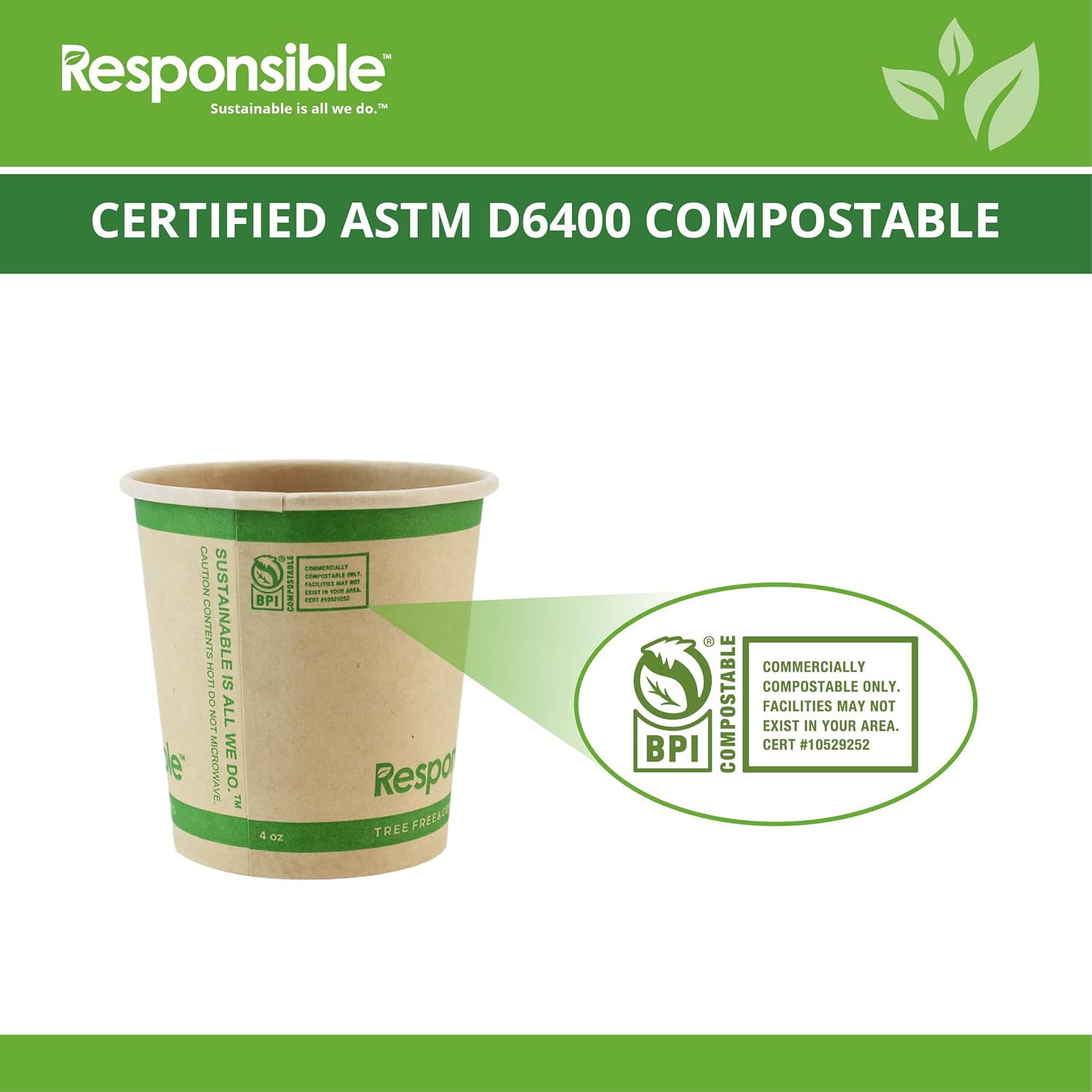 Certified Compostable 4 oz Paper Cups, Cold ＆ Hot Coffee Cups, Disposable Paper Cups, Extra Strength Disposable Cups, Made without PFAS (50 count)