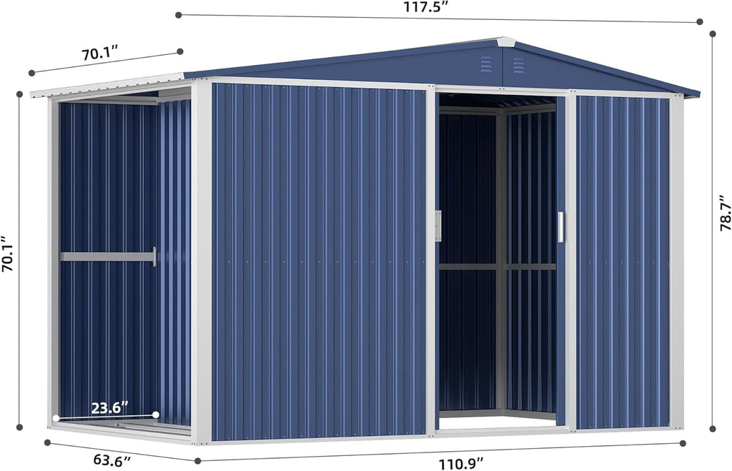 Metal Outdoor Storage Shed 10FT x 6FT with Firewood Storage, Steel Utility Tool Shed Storage House with Sliding Door, Metal Sheds Outdoor Storage for Backyard Garden Patio Lawn, Blue