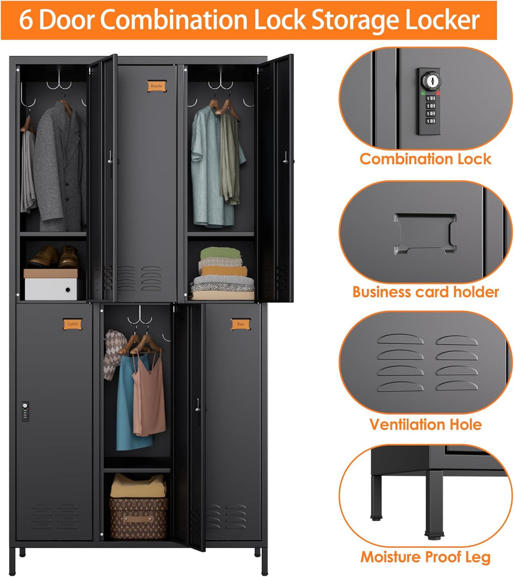 6 Doors Metal Lockers for Employees with Combination Locks and 6 Shelves, Storage Locker with 18 Hooks and Business Card Holder for Office Gym School Bedroom, Assembly Required, Black