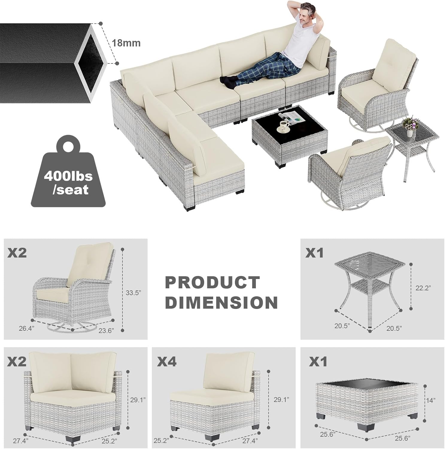 10-Piece Patio Furniture Set, Outdoor Patio Furniture with Swivel Chairs Set, Thick Cushions, Modular Patio Sofa, Dual-Strand Wicker Rattan, Rust-Resistant Frame, Ivory