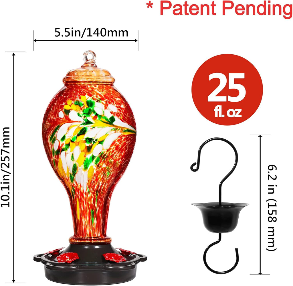 LUJII Hummingbird Feeder for Outdoors, Hand Blown Glass Humming Bird Feeder, Anti Fade Leakproof with 25 Ounces Nectar Capacity, Easy to Install Clean Refill, Include Hook & Ant Moat (Red)