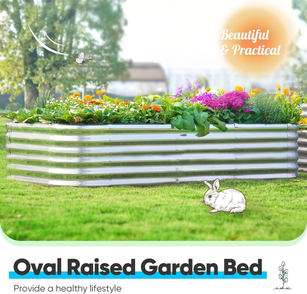 Quictent Raised Garden Bed Kit Oval Galvanized Metal Planter Box Tall for Vegetables Outdoor Backyard, Rubber Strip Edging Included, Silver 8x4x1.5 ft