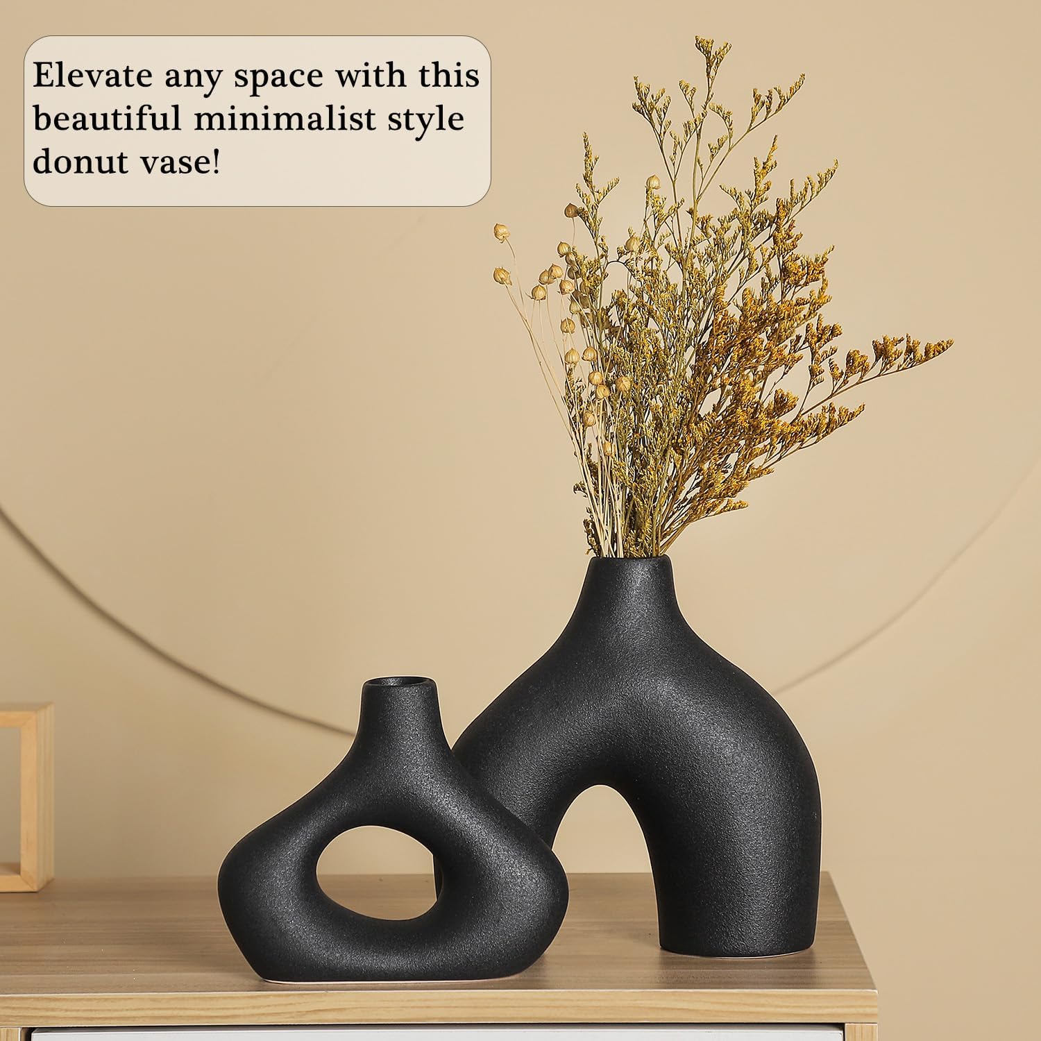 CEMABT Black Ceramic Vase Set of 2 for Modern Minimalist Bohemian Decor，Round Matte Donut Vases for Pampas Grass-Perfect for Living Room, Dining Table, Office Bedroom Shelf Decor Entryway, Console