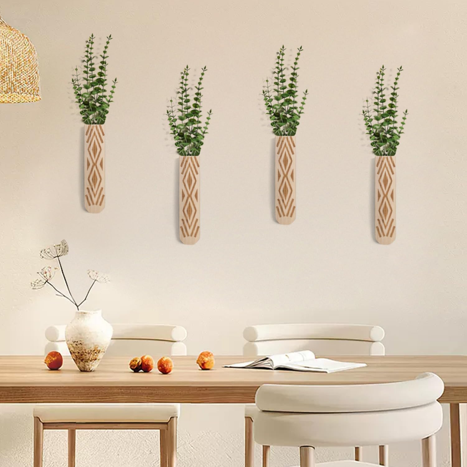 Wooden Wall Planter Set of 4 - Modern Bohemian Home Decor for Living Room, Bedroom, Bathroom - Beige Finish Planter for Dried Flowers, Faux Greenery, Indoor Plants