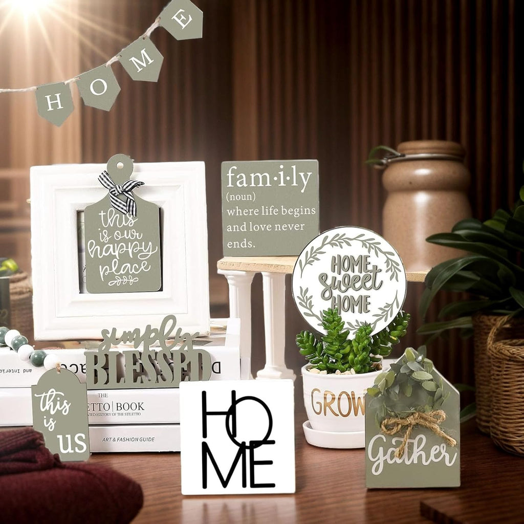 11PCS Farmhouse Tiered Tray Decor Set – Rustic Wooden Mini Signs and Decorations for Home and Kitchen Display (Tiered Tray Not Included)