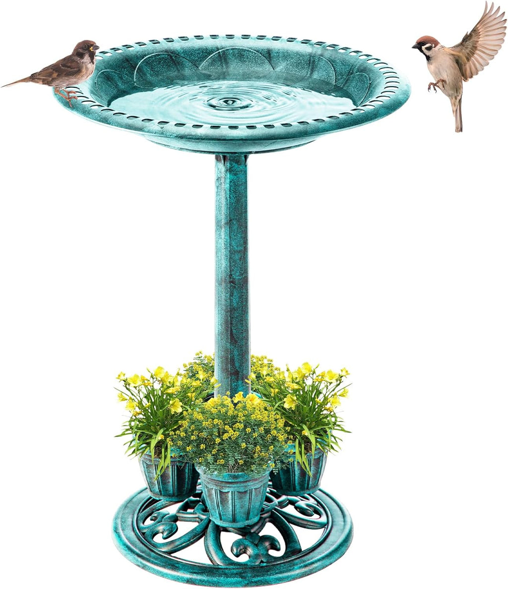 Bird Bath for Outside with 4 Removable Flower Planters 28in Polyresin Lightweight Vintage Birdbath Stake Standing Bowl and Water Feeder Yard Gardan Decor Green