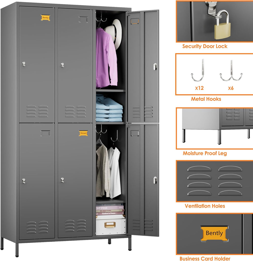6 Doors Metal Lockers for Employees with 6 Shelves and 18 Hooks, Storage Locker with Business Card Holder for Office Gym School Bedroom, Assembly Required, Dark Gray