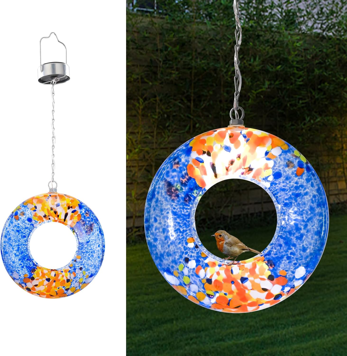 VCUTEKA Bird Feeder Solar Fly Through Bird Feeders for Outside Hanging with Round Shape Glass Container to Attract Wild Birds for Garden Decor, Solar Birdfeeder as Gift for Lovers, Multi 8-Inch