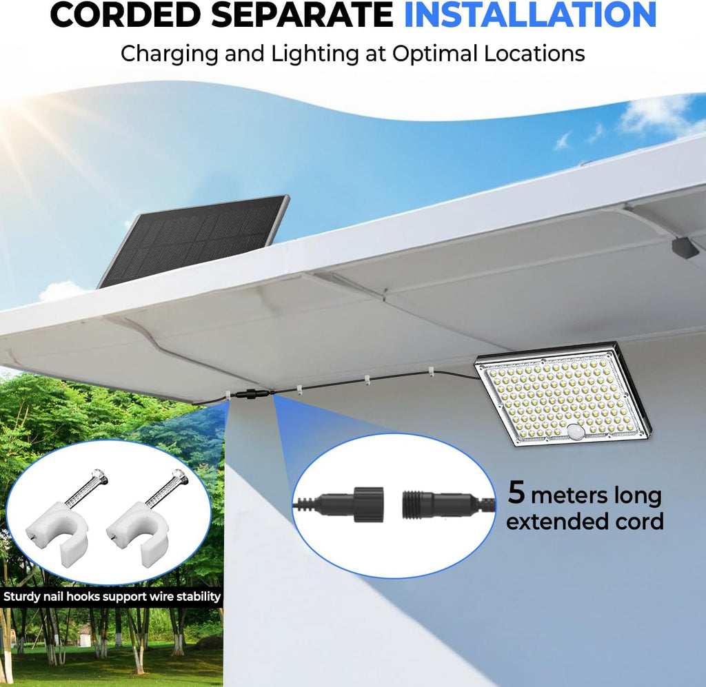 113-LED Outdoor Solar Lights with Motion Sensor, 9000K Cool White, 5M Long Wire, IP65 Waterproof Luces solares para exteriores Yard, Garden, Driveway, Patio, with 2 Year Warranty.