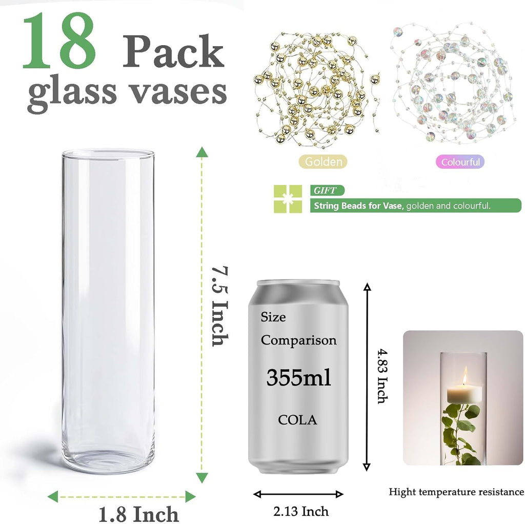 18pcs Glass Vase Cylinder Vases for Centerpieces Small Flower Glass Clear Vases Home Decor Centerpiece Table Flower Vase Decorations for Office Beautification＆Holiday 7.5 Inch Tall