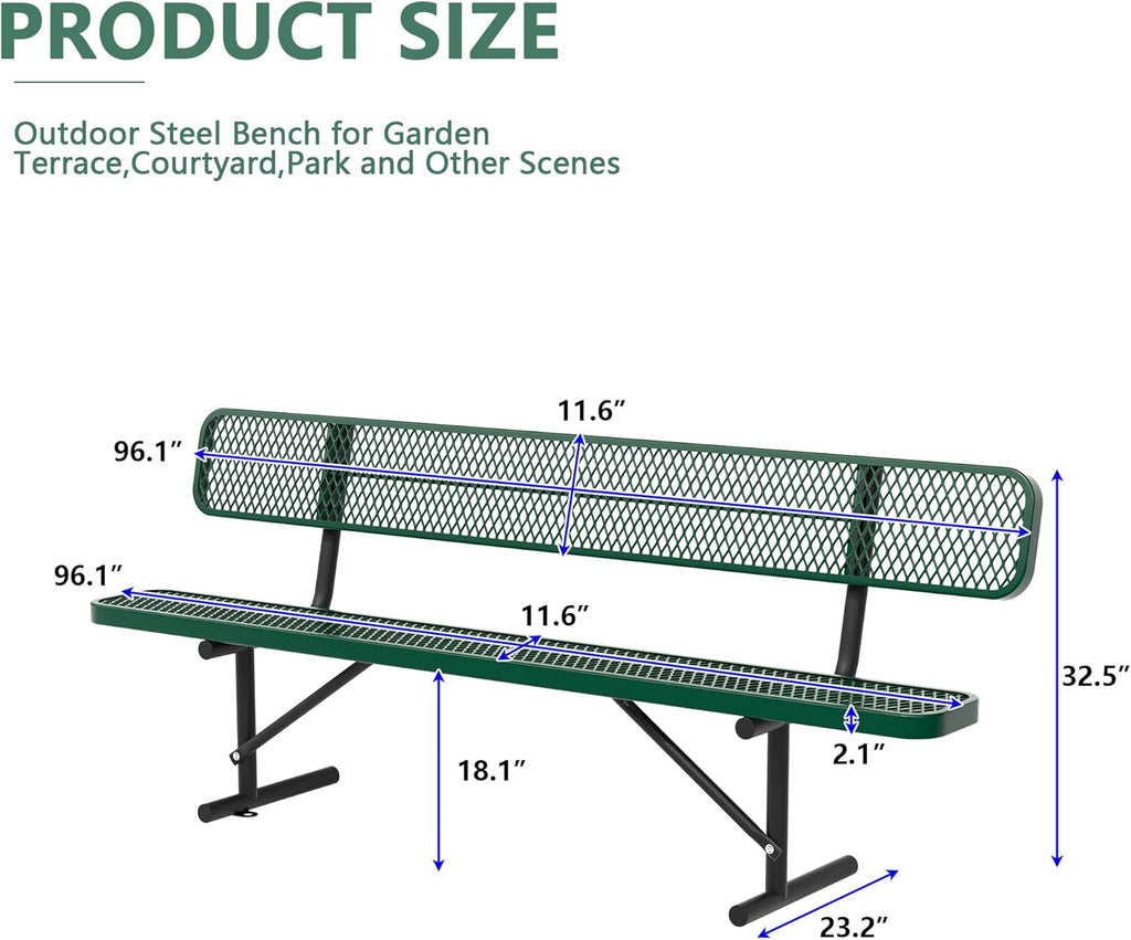8FT Benches for Outside, Heavy-Duty Green Outdoor Garden Bench with Back, Metal Park Bench, Commercial-Grade Seating,Industrial Bench Patio Bench Furniture for Beach Yard School Shopping Centers