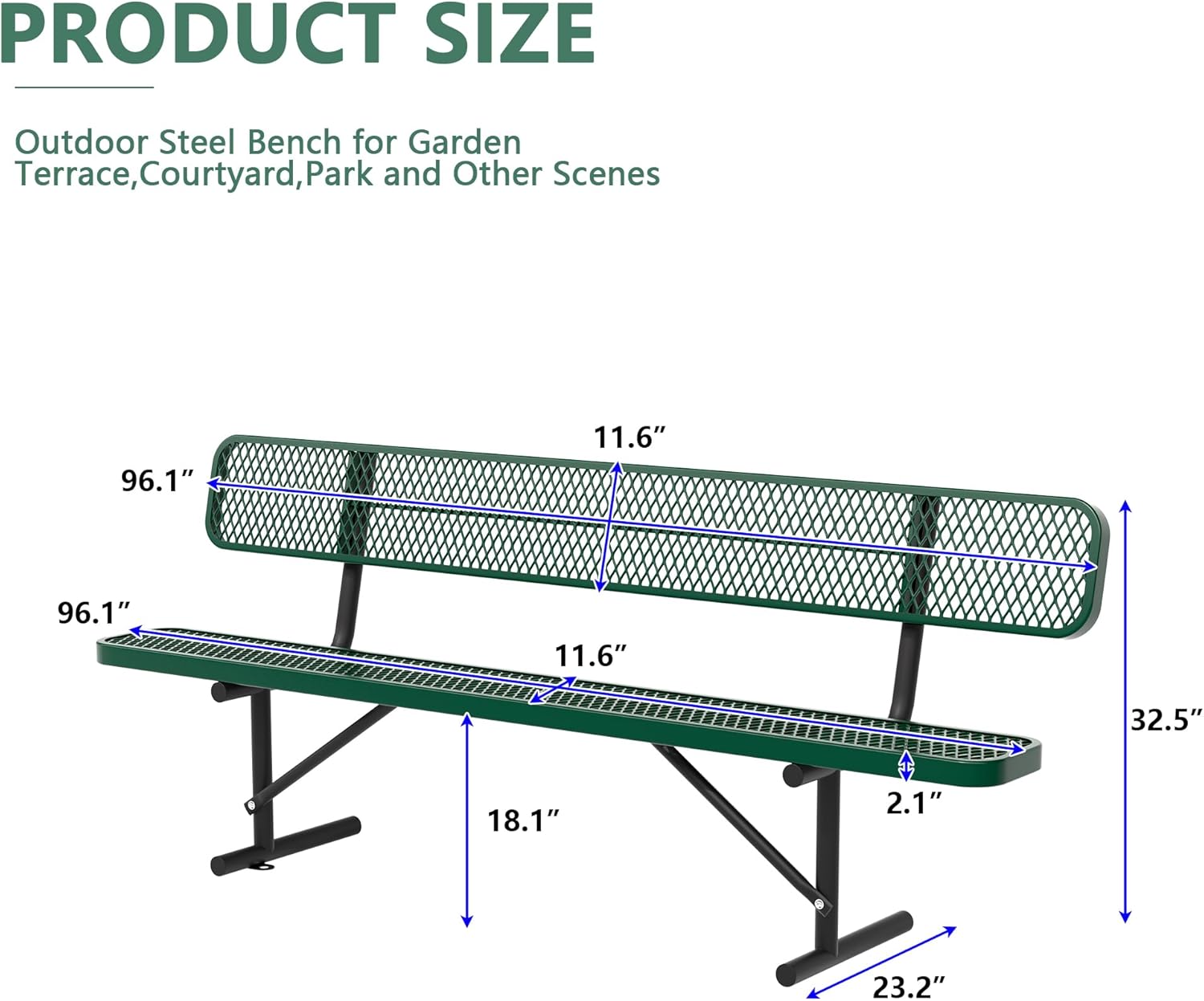 8FT Benches for Outside, Heavy-Duty Green Outdoor Garden Bench with Back, Metal Park Bench, Commercial-Grade Seating,Industrial Bench Patio Bench Furniture for Beach Yard School Shopping Centers