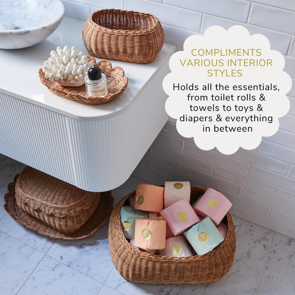 BEBE BASK Large Scalloped Basket Set Of 3 - Hand-Woven & Award-Winning Scallop Basket - XL - Extra Large for Blankets 22 x 16 x 10 In - Elegant Wicker With Scalloped Edge Lid (Mocca)