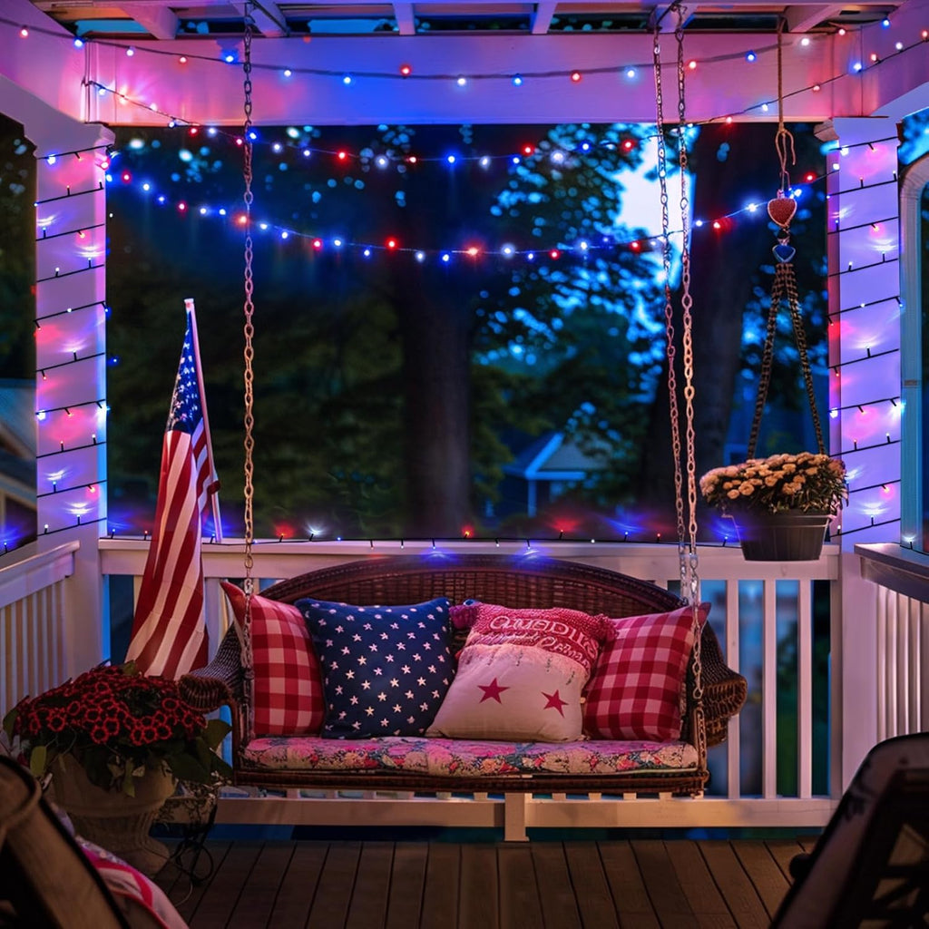 JMEXSUSS 2 Pack Red White and Blue Solar Lights, 200LED 75.5ft Patriot Solar String Lights Outdoor Waterproof, 8 Modes 4th of July Light for Independence Day Patio Garden Tree Decorations