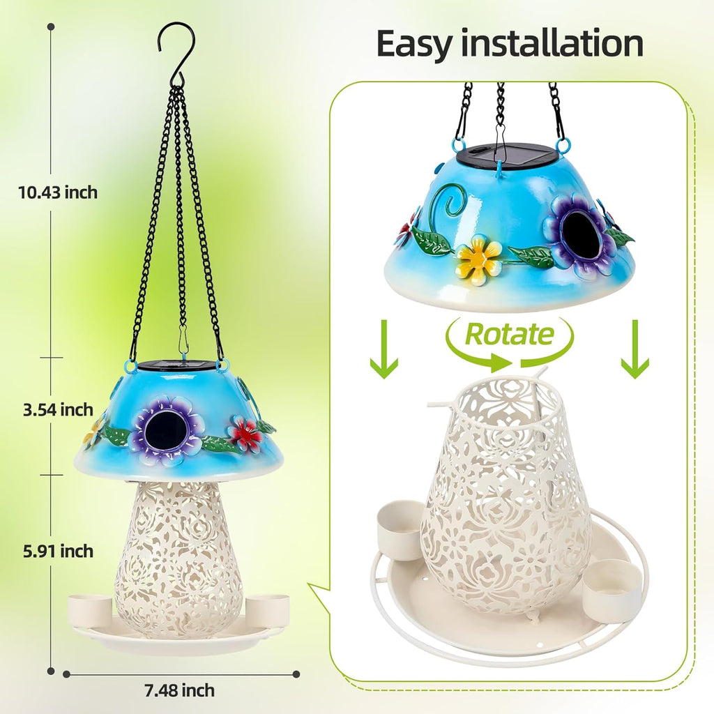 Mushroom Solar Bird Feeders for Outdoors Hanging Metal Wild Bird Feeder Garden Lantern with S Hook for Garden Decoration Blue