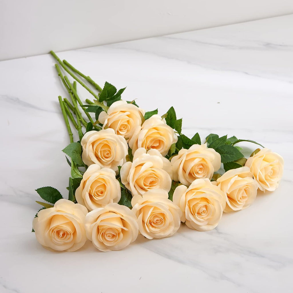 12pcs Champagne Roses Artificial Silk Flowers Faux Flowers with Long Stems for Wedding Decor Home Decor Baby Shower Party Centerpieces Decorations