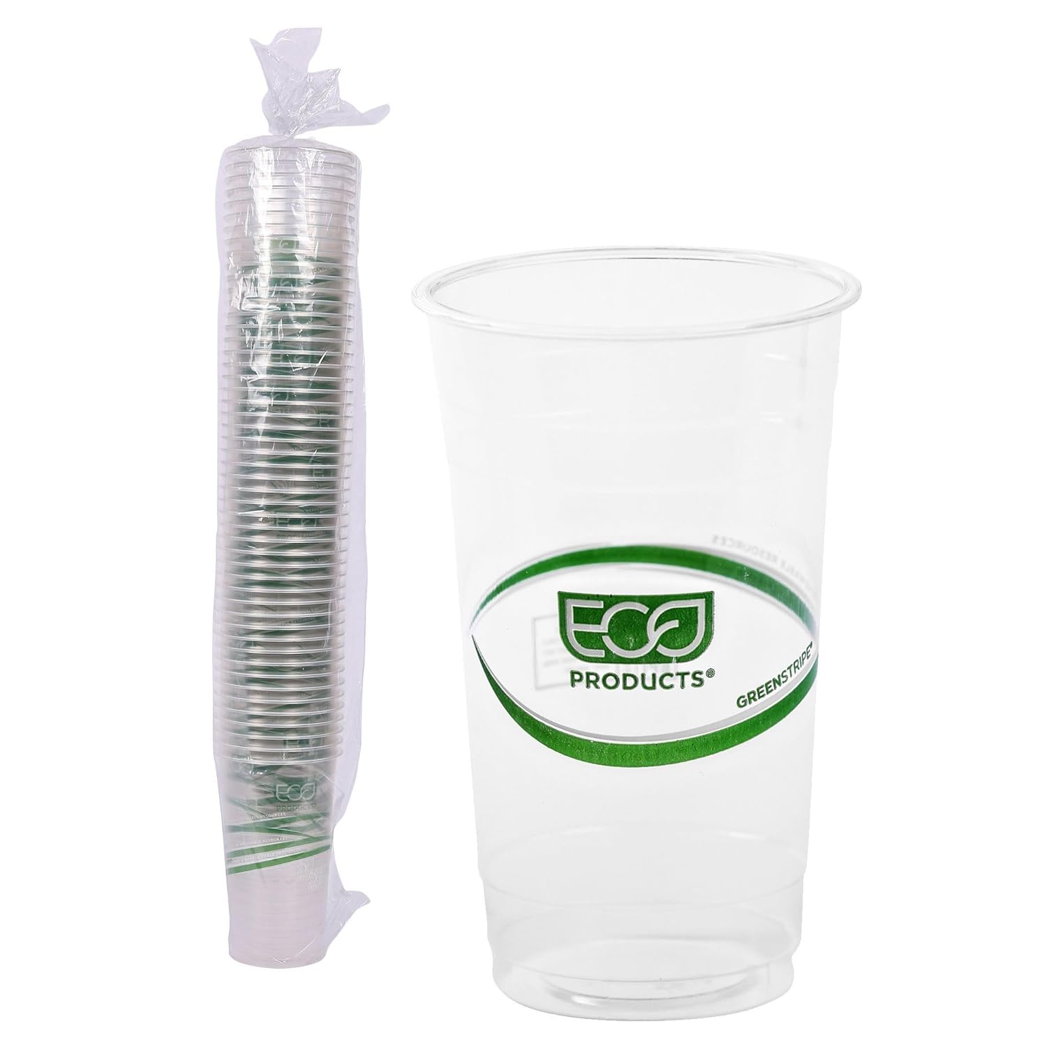 ECO PRODUCTS GreenStripe Clear Compostable 24oz PLA Large Plastic Cups, Pack of 50, Disposable Renewable Plant-Based Cold Cups, For Cold Drinks & Snacks, BPI Certified, ASTM Compliant.