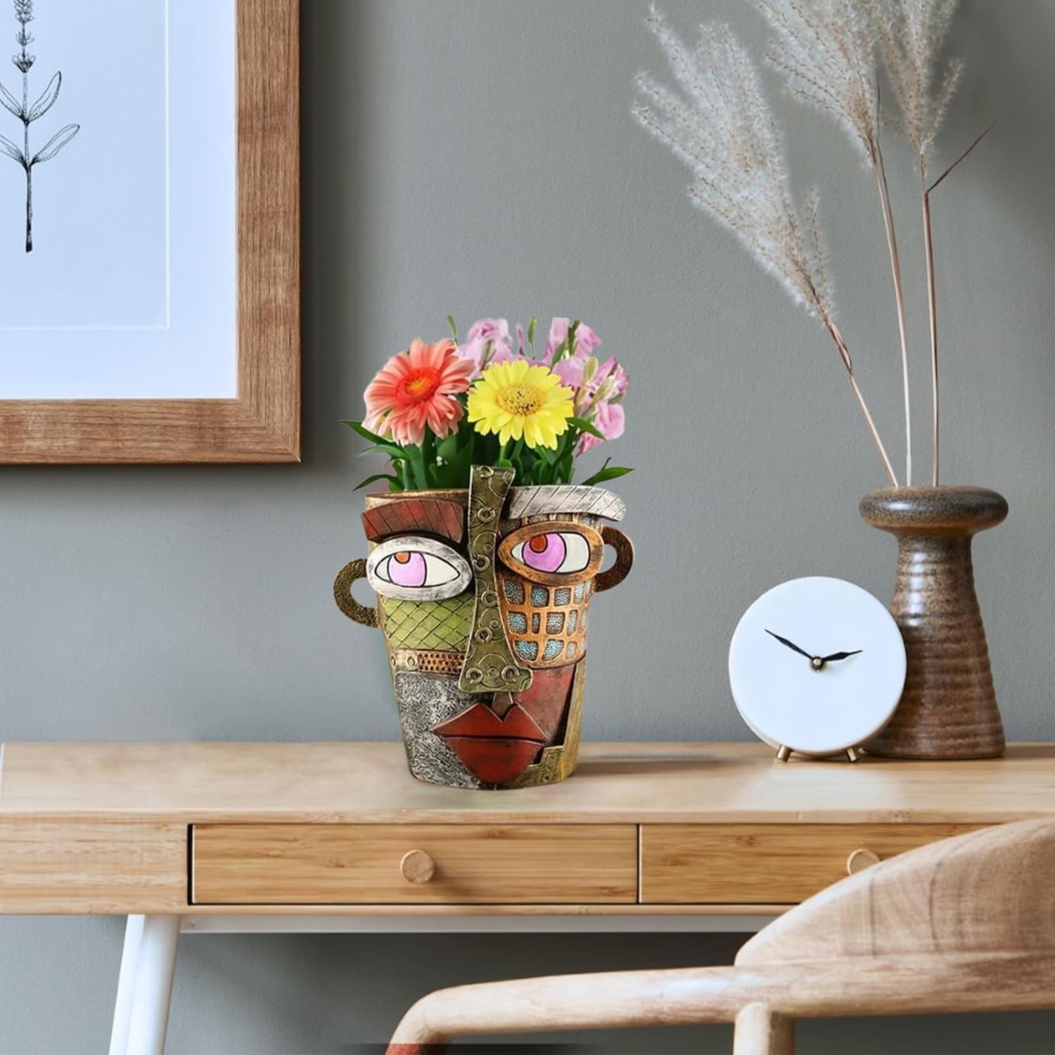 Unique Abstract Face Planters Pots Head,Picasso Brutalist Face Flower Pot Ornaments Head Planter Pots Colorful Art Abstract Resin Flower Pot for Indoor and Outdoor Plants Funny Room Decor(Retro Big)