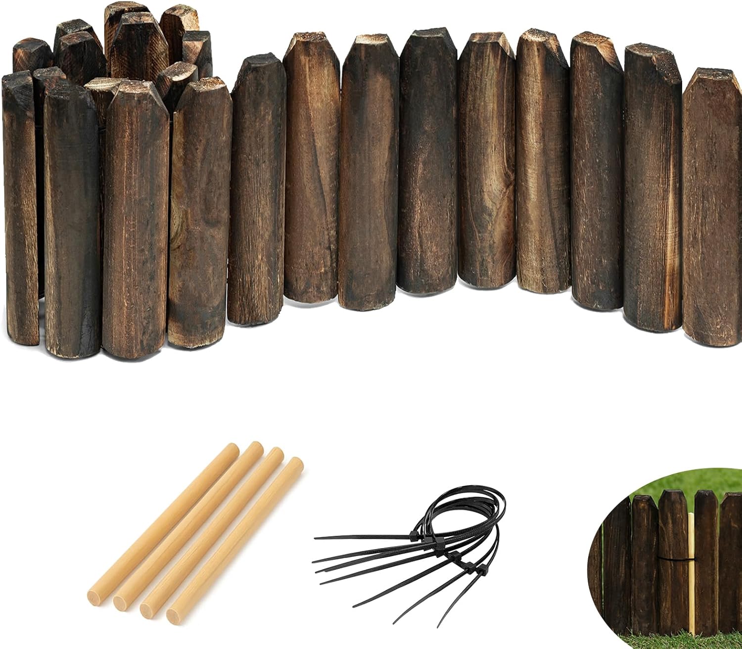 Wood Garden Edging, Wooden Fence Border Decorative Small Picket Panels for Flower Bed Barriers and Landscape Fencing