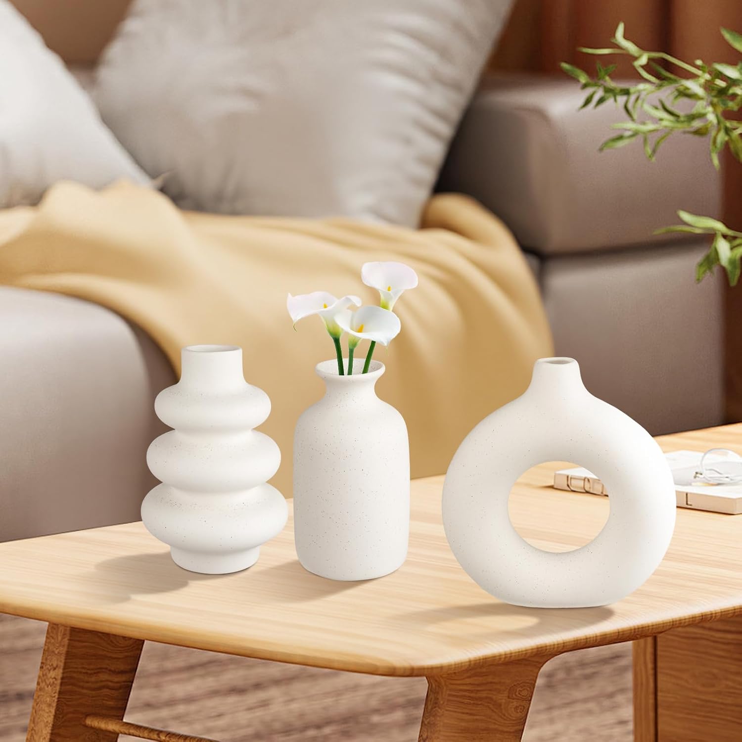 Ceramic Vase Set of 3, Small Flower Vase for Home Decor, Decorative Vases for Pampas Grass & Dried Flowers, Living Room, Bedroom, Bathroom, Shelf Centerpiece Table Decorations