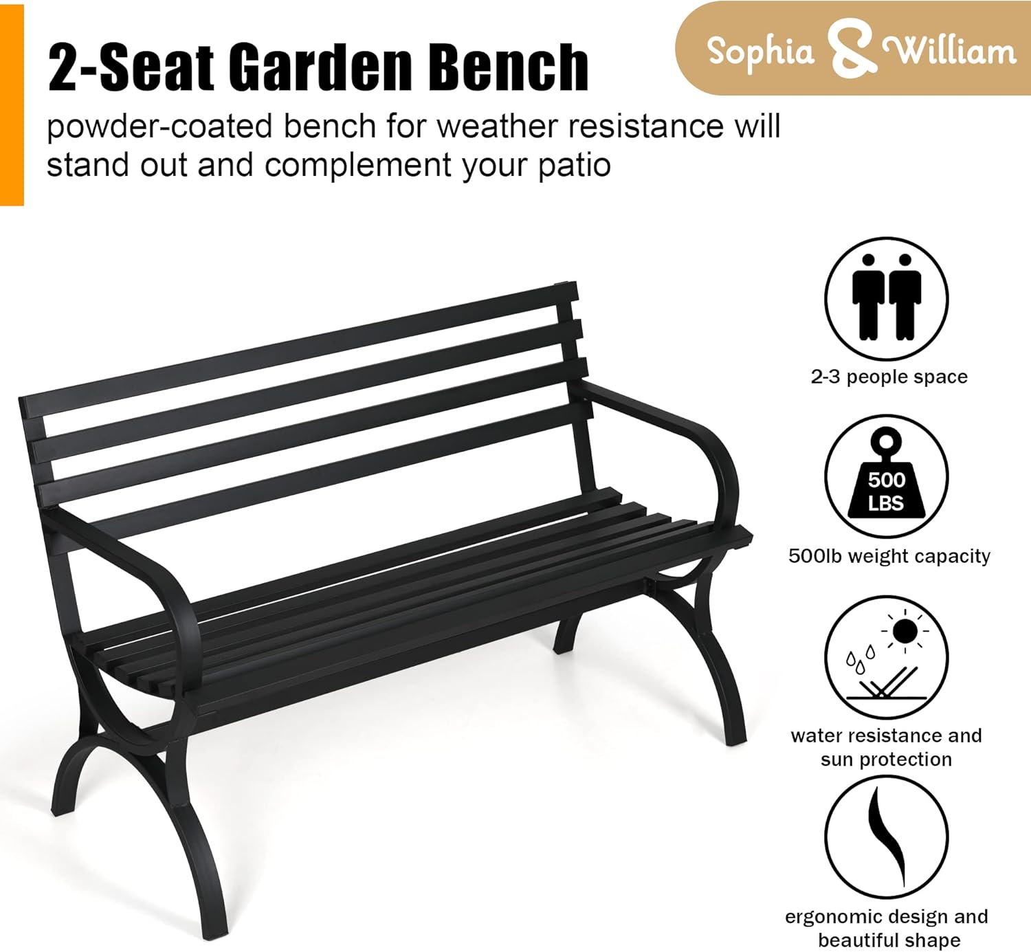 Sophia & William Outdoor Garden Bench Patio Park Bench, Metal Frame Furniture with Backrest and Armrests for Porch Yard Lawn Deck, Black
