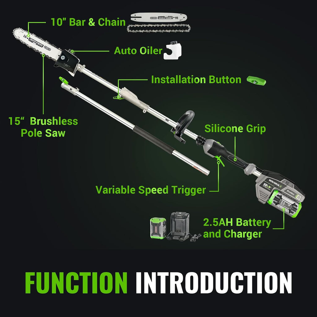 15-FT Cordless Pole Saw 60V Electric Power PoleSaw for Tree Trimming With Pole 10" Cutting Power Max Reach 2.5AH Battery