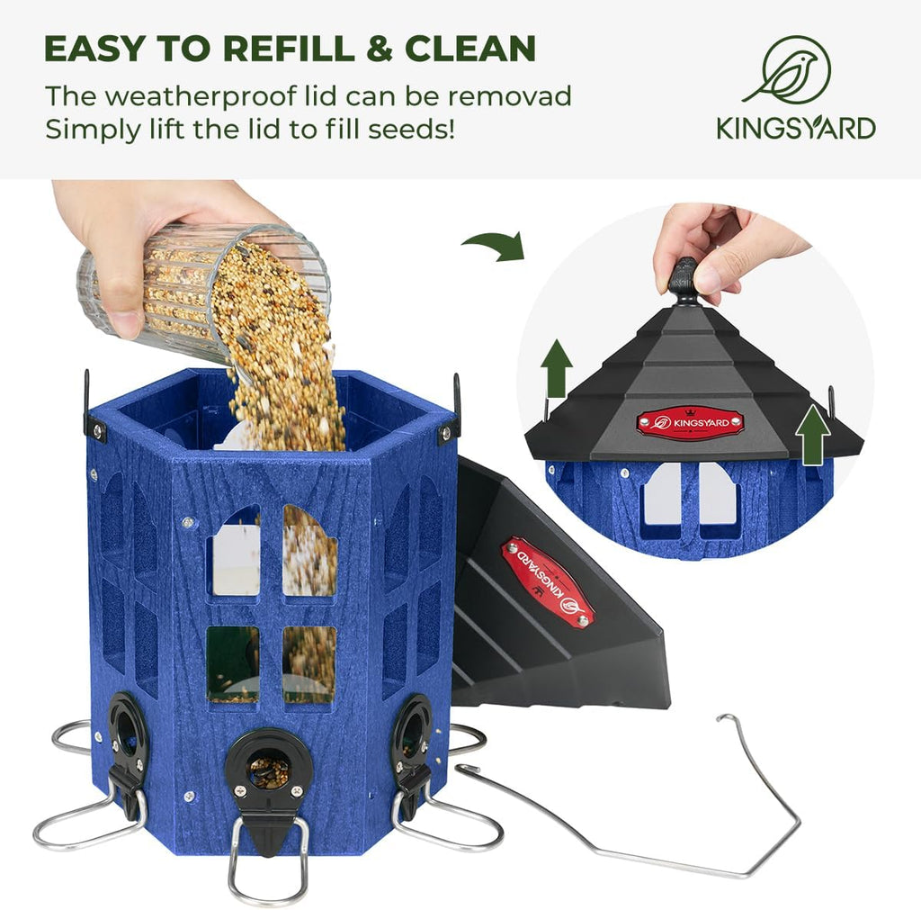 Kingsyard Wild Bird Feeder for Outdoor Hanging, Recycled Plastic Bird Feeders with 6 Ports & U-Shape Perch, Garden Yard Outside Decoration, 3.5 lbs Seed Capacity, Blue