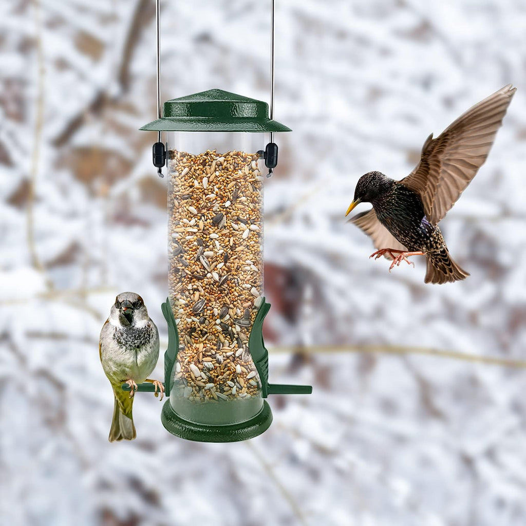 MIXXIDEA Wild Bird Feeders For Outdoors Hanging Stainless Steel Hanging Bird Feeder Tube, Finch Feeder For Garden Backyard Decoration Attractive Water Resistant Bird Feeders For Outside Green - 2 Pack