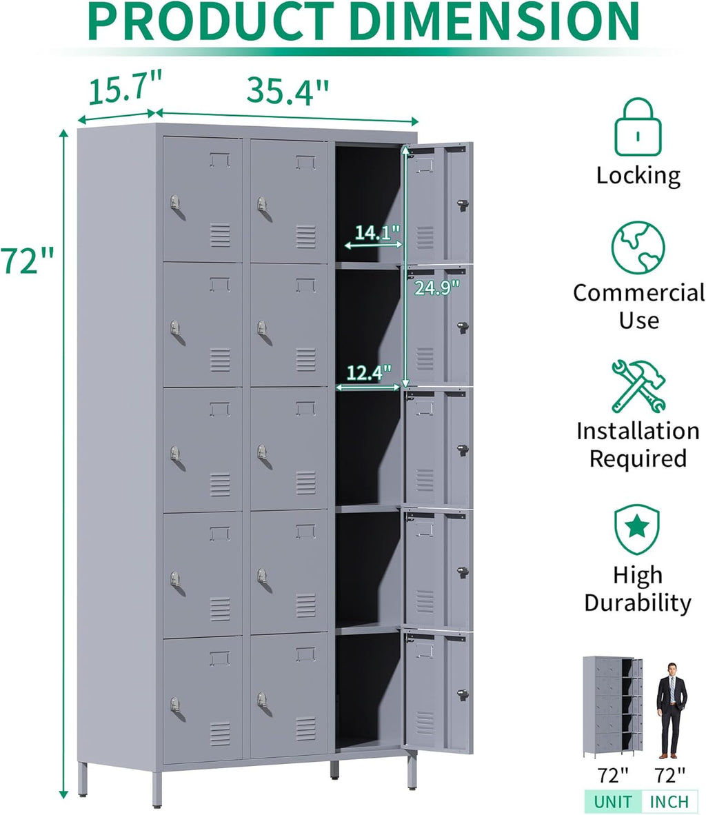 Metal Lockers for Employees, Storage Employee Locker, 72" Storage Lockers with Shelves Steel Cabinet for Home (Gray, 15 Door)