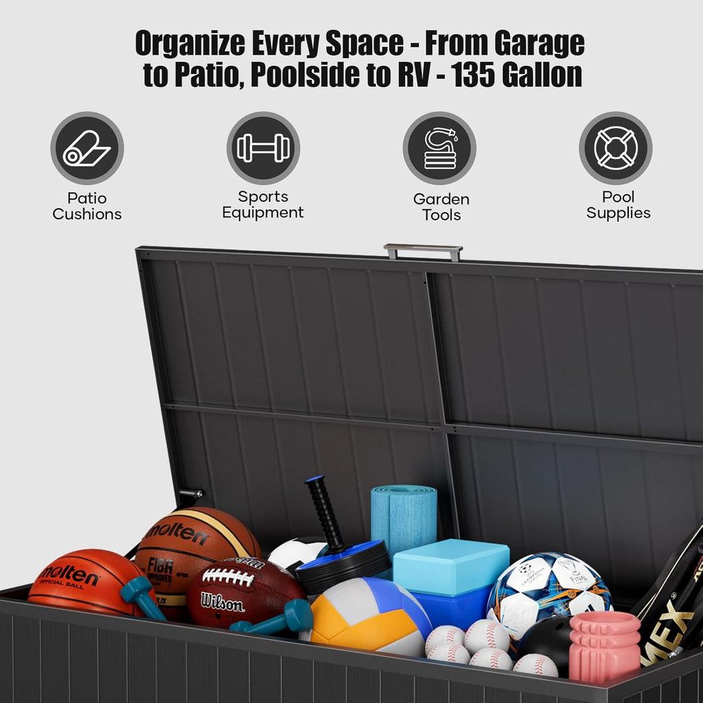 Outdoor Storage Box with Wheels 135 Gallon, Mobile Waterproof Aluminum Deck Box, UV Resistant Patio Storage Box with Lid for Patio Furniture, Garden Tools (Black)