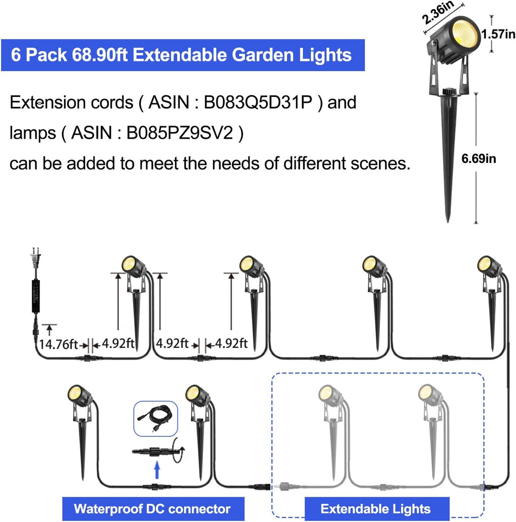 Landscape Lighting, 3W 12V Extendable Low Voltage 6 in 1 Landscape Lights with Transformer IP65 Waterproof 1800 Lumen Outdoor Spotlight for Garden Walls Trees Flag Pathway, Warm White