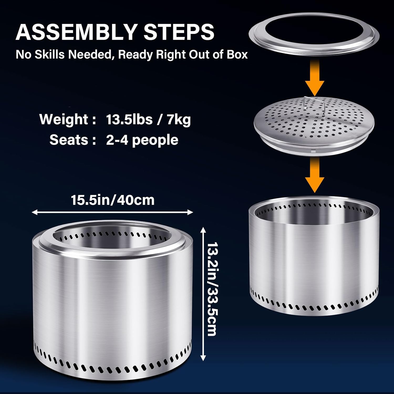 HGD 15" Smokeless Fire Pit Outdoor, Stainless Steel Wood Burning Firepit with Secondary Combustion, Backyard Patio Stove for Garden, BBQ & Bonfire