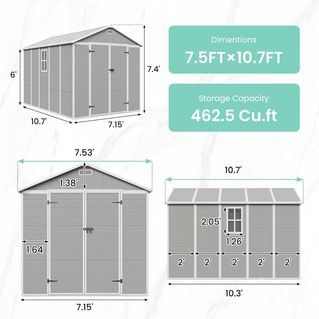 UDPATIO Outdoor Storage Shed 7.5x10.7 FT, Grey & White Resin & Steel Shed with Lockable Door for Backyard, Patio, Lawn