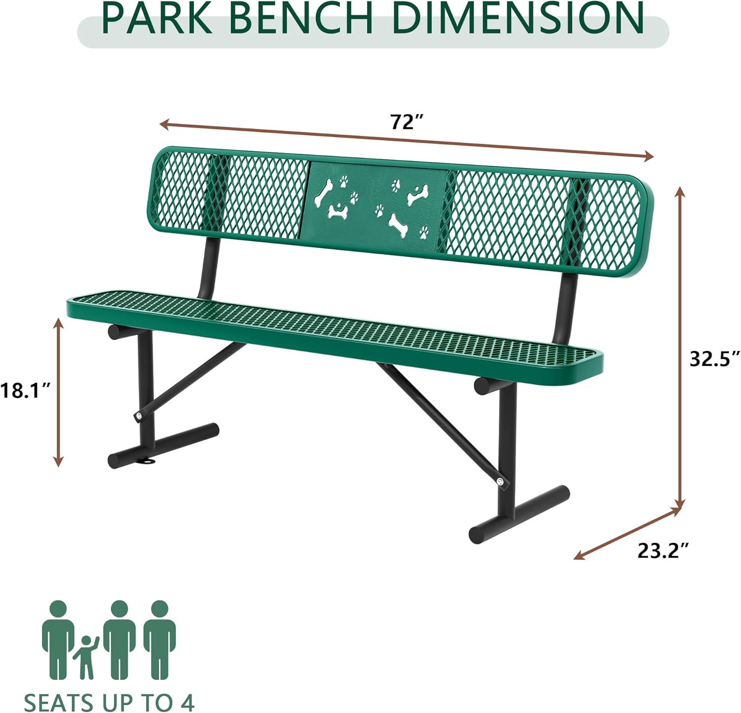 6 Feet Steel Park Bench for Outside, Outdoor Bench with Backrest & Portable Frame, Commercial Benches for Parks, School, Patio, Deck, Store,Green