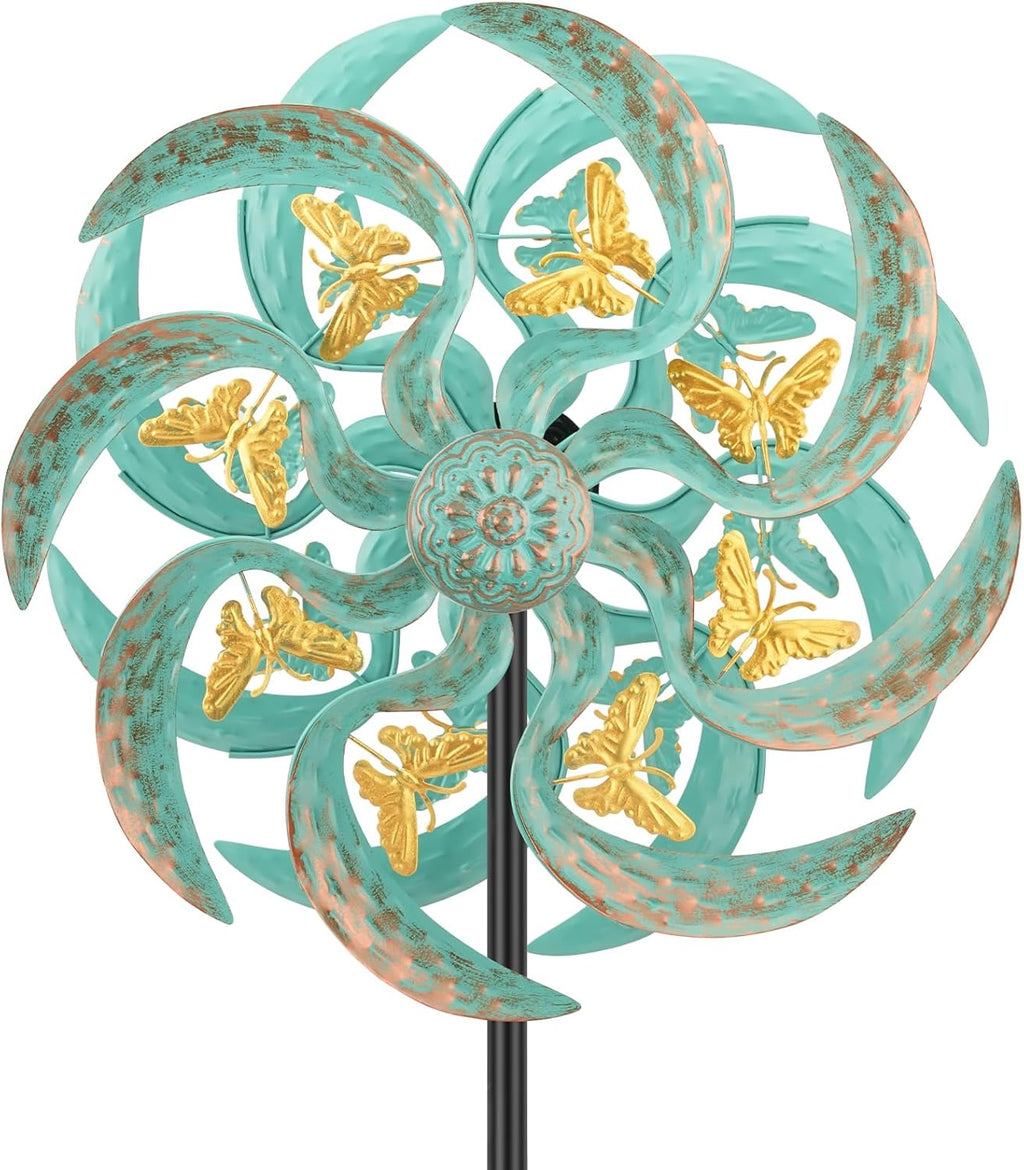 Metal Wind Spinner Outdoor, Golden Butterfly Kinetic Wind Sculpture Spinners with Metal Stake, Yard Art Decor for Patio, Lawn & Garden, Creative Gifts 57.5 * 13.4 Inch