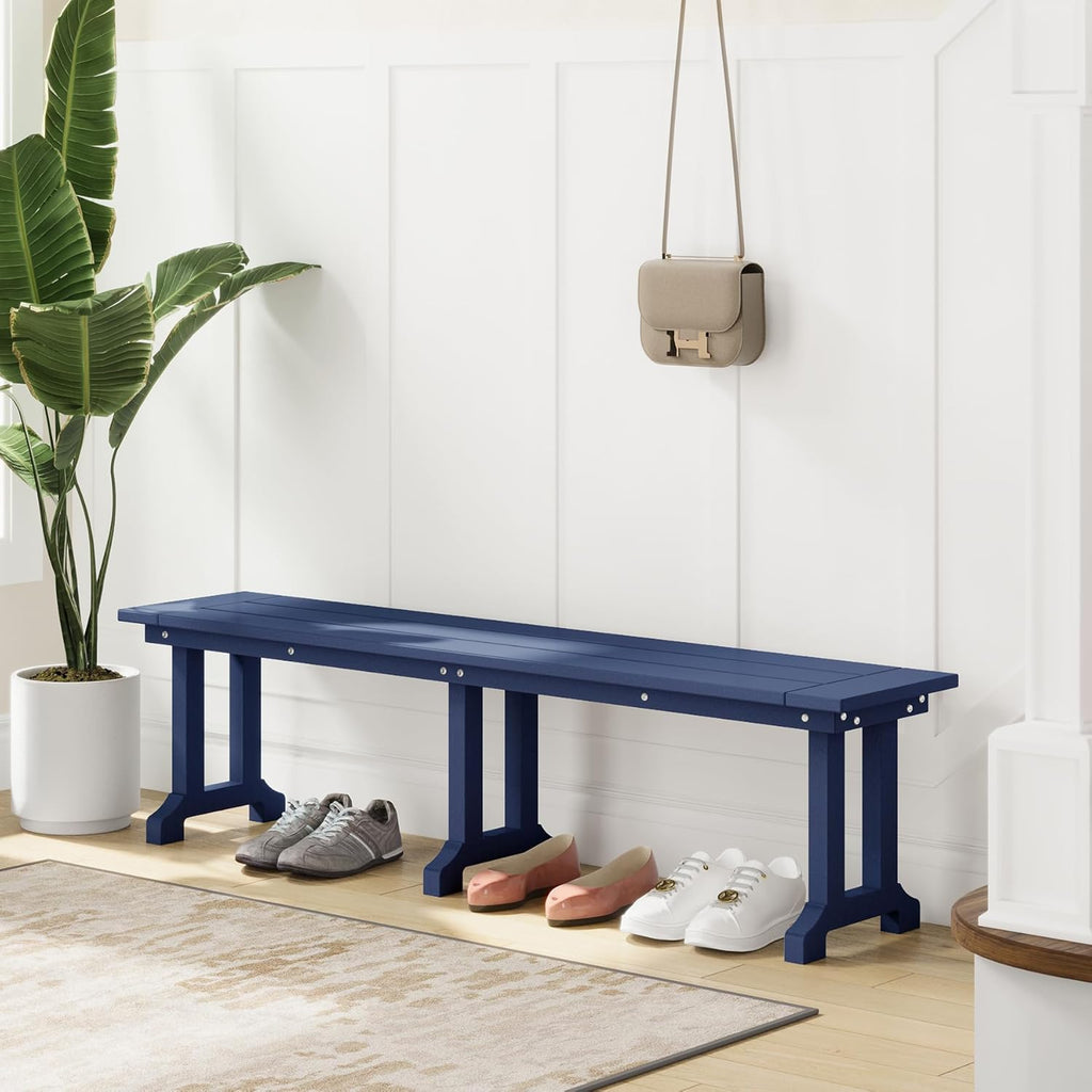 Outdoor Benches Weatherproof, Park Long Bench Poly Lumber Backless for Entryway Front Porch Garden Bench Seat for Patio, Navy Blue