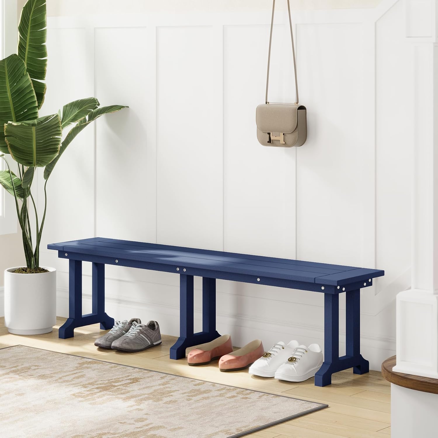 Outdoor Benches Weatherproof, Park Long Bench Poly Lumber Backless for Entryway Front Porch Garden Bench Seat for Patio, Navy Blue