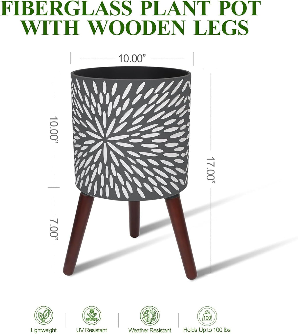 10 Inches Plant Pot with Stand, Large Modern Standing Planters for Indoor Plants with Drainage Holes, Gray Flower Pots with Legs